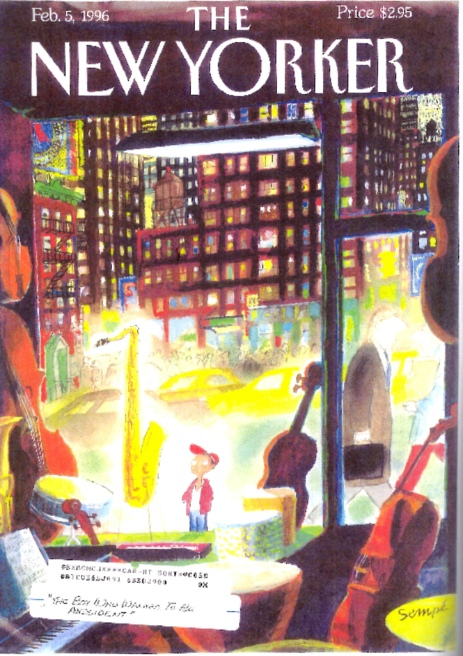 New Yorker Cover, Boy looking in window of musical instruments,
busy street in background